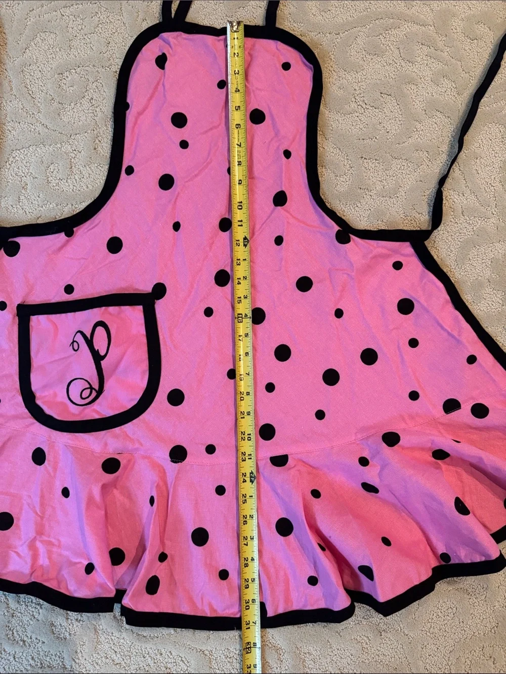 Retro Pink Polka Dot Ruffle Apron / Costume Attire - Monogrammed Letter P